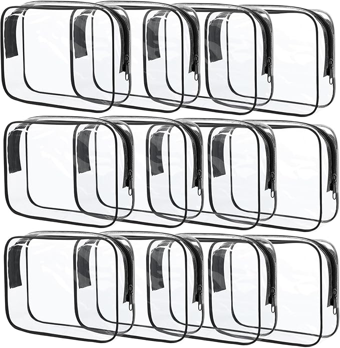 Eilyliafe 12 Pcs Clear Cosmetic Bag PVC Waterproof Zippered Clear Toiletry Carry Pouch Cosmetic Makeup Bag for Women Men Vinyl Plastic Organizer Case for Vacation Bathroom (Large, Black)