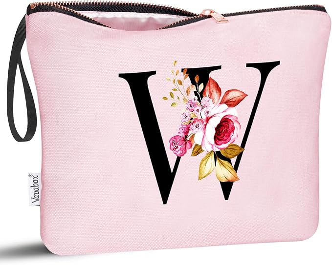 Vavabox A-Z Personalized Makeup Bag, Birthday Gifts for Women Mom, Gifts for Best Friend, Bride Bridesmaid Cosmetic bag (W, 06-Pink)