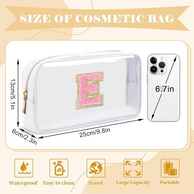 UIXIZQ Personalized Initial Letter Clear Makeup Bag,Preppy Small Nylon&PVC Cosmetic Zipper Bag with Chenille Letter,Travel Skincare Toiletry Bag,Monogram Christmas Gift for Teen Girls Women,E