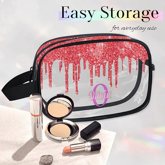 KFNHN Custom Clear Travel Cosmetic Bag with Name, Personalized Transparent Large Capacity Weekend Toiletry Bag Portable Bathroom Makeup Organizer, Shiny Sparkly Fluid Shape Red Glittering