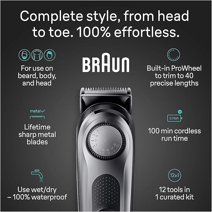 Braun All-in-One Men's Shaving Kit Series 7 7440, 12-in-1 Beard, Face, Nose, Ear Trimmer, Hair Clippers, Body Groomer and Manscaping + Travel Case + Charging Stand