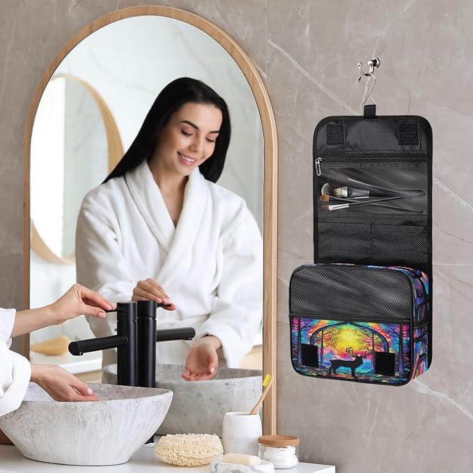 YoYoYuchong Travel Toiletry Bag for Women & Men Animal Colorful Deer Hanging Cosmetic Organizer Portable Waterproof Makeup Case Make Up Bag with Compartments Travel Essentials for Bathroom Shower
