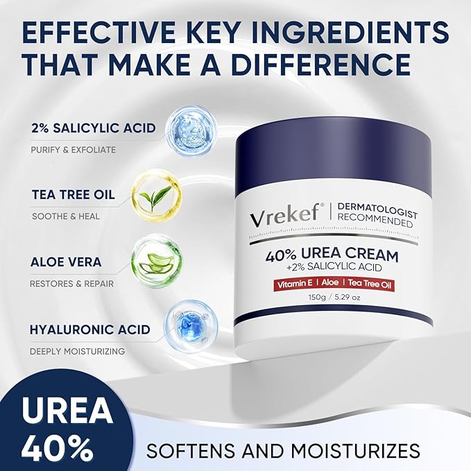 VREKEF Urea Cream 40 Percent with 2 Percent Salicylic Acid, Foot & Hand Cream for Dry Cracked Heels, Callus Softener for Feet, Exfoliating Foot Cream for Rough Thick Skin, 5.29 oz