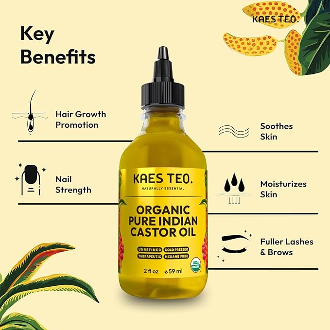 Kaes Teo Organic Castor Oil 100% Pure Cold Pressed 2 Fl Oz Extra Virgin Unrefined Hexane Free - USDA Certified Organic, Golden Castor oil for Face, Skin, Hair, Eyebrows - Boost Hair Growth