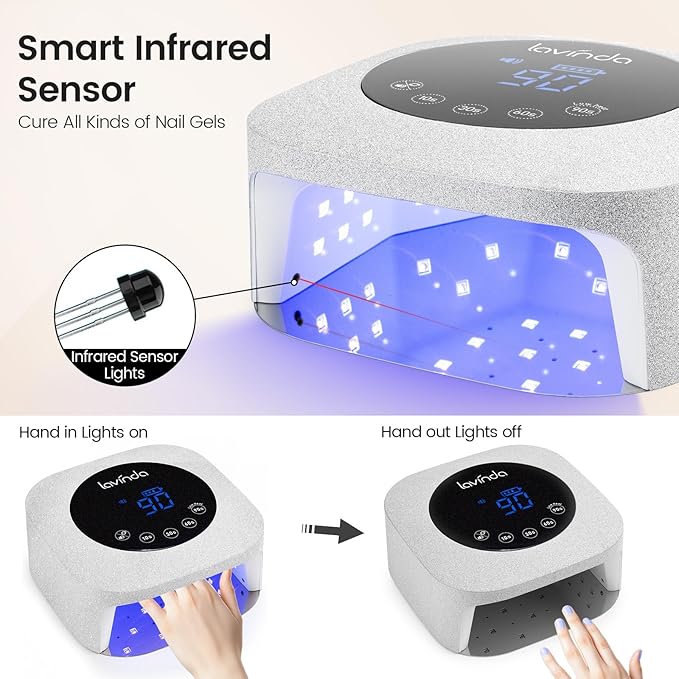 Lavinda 54W UV LED Nail Lamp for Gel Polish, Frosted Silver Glitter