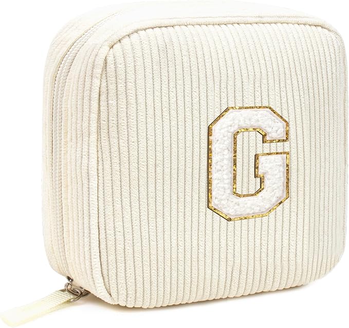 Cute Makeup Bag for Women - Monogram Personalized Initial Makeup Bags Cosmetic Pouch Make Up Case for Women Her Best Friend Friendship Sister Teacher, Easter Gifts for Girls (Letter G, Beige)