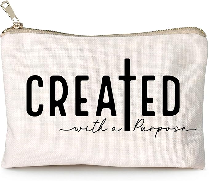 HubbgDesign Created With a Purpose Women Makeup Bag Christian Decor Self Love Gift Toiletry Bag Religious Faith Cosmetic Pouch Linen Cotton Inspirational Multi-Purpose Bag Gift