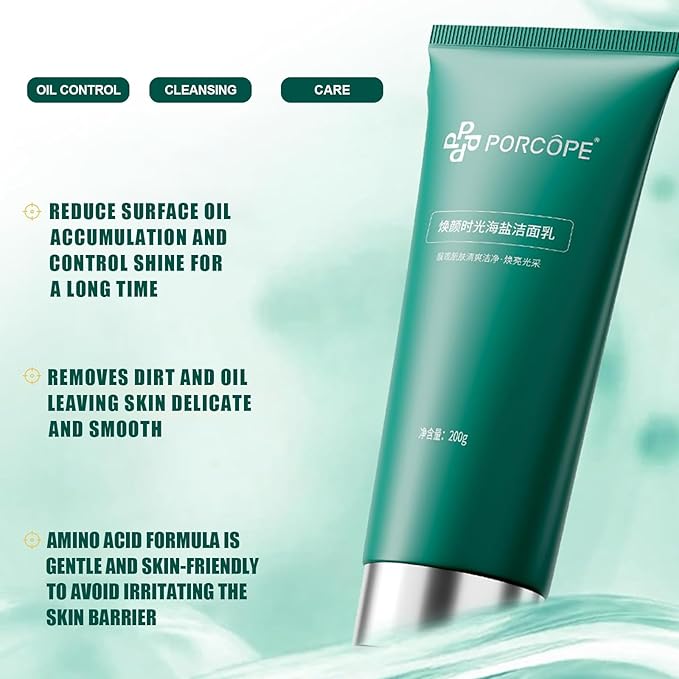 PORCOPE Gentle Amino Acid Face Wash, Sea Salt Infused Pore Cleanser for Sensitive & Acne-Prone Skin, Hydrating Oil Control Facial Cleanser for Daily Use (1pack)