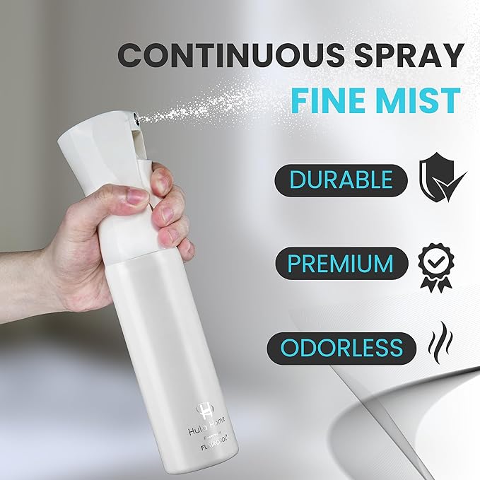 Hula Home Spray Bottle for Hair (10.1oz/300ml) - Continuous Ultra Fine Mist Sprayer – For Hairstyling, Cleaning, Salons, Plants, Essential Oil - All White