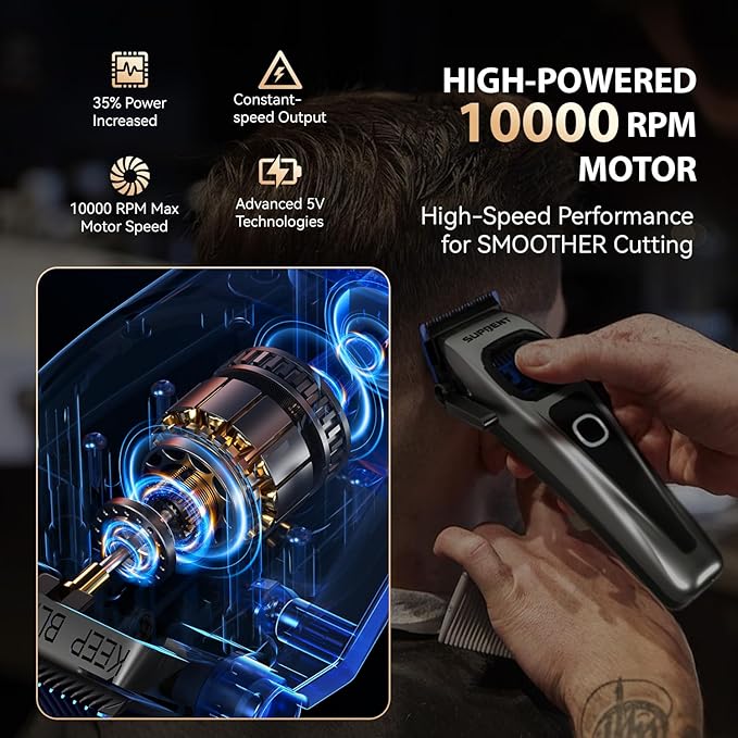 SUPRENT StormGray Professional Hair Clippers for Men - Cordless Barber Clippers & Zero-gapped Trimmer Set, Haircutting Kit with High Performance Motor, Blue Titanium-Coated Blades, Charging Stands