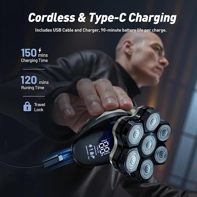 Head Shavers for Bald Men: Update Electric Rotary Shavers with LED Display, IPX6 Rechargeable Head Shaving with Fast Charging, Gray