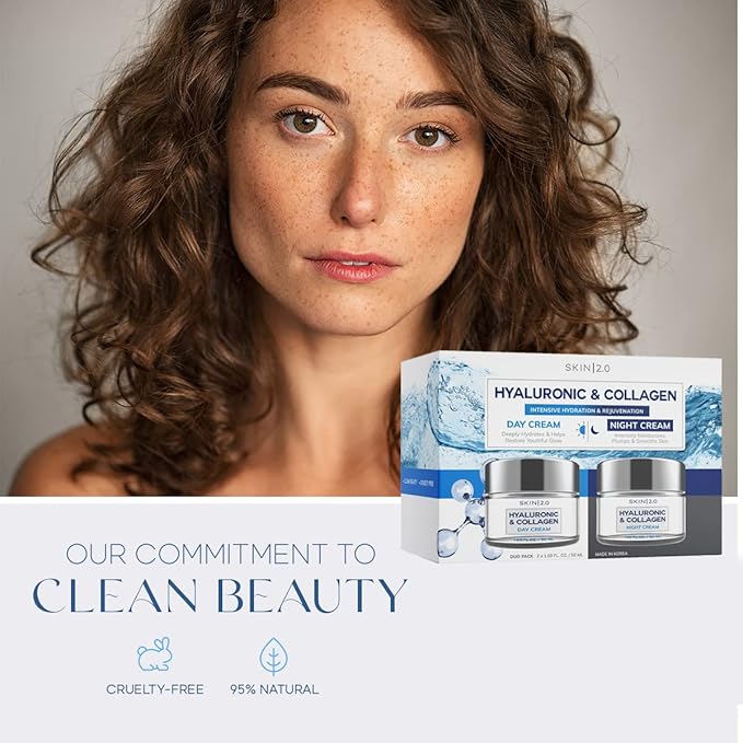 Skin 2.0 Hyaluronic Acid & Collagen Face Moisturizer – Deep Hydration & Firming Cream for Smooth, Youthful Look – Dermatologist Tested, Korean Skin Care Set, Vegan, Clean Beauty – Day & Night Duo