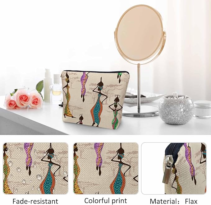 Kalygon African Woman Makeup Bags Makeup Organizer, Black African Women With Vases Flax Toiletry Bags Travel Cosmetic Bag Makeup Purse Pouch Skincare Bag Wallet Bags For Women Female Mom Daughter