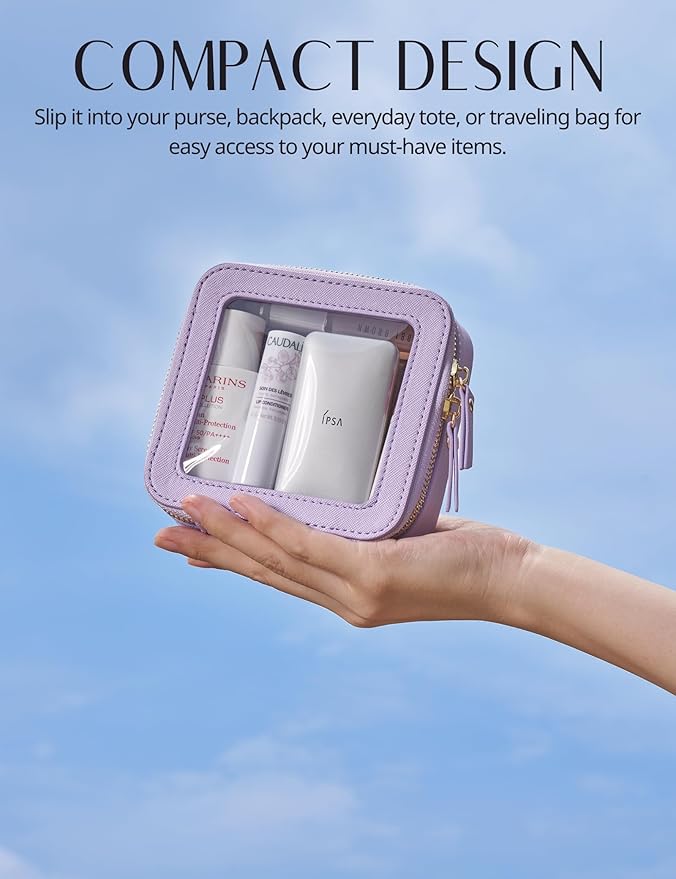 Small Cosmetic Bag for Purse Mini Makeup Bag for School Cute Clear Make Up Pouch for Travel Tiny Leather Purple Make Up Organizer Case for Backpack Toiletry Bag Waterproof Square Pouch with Zipper