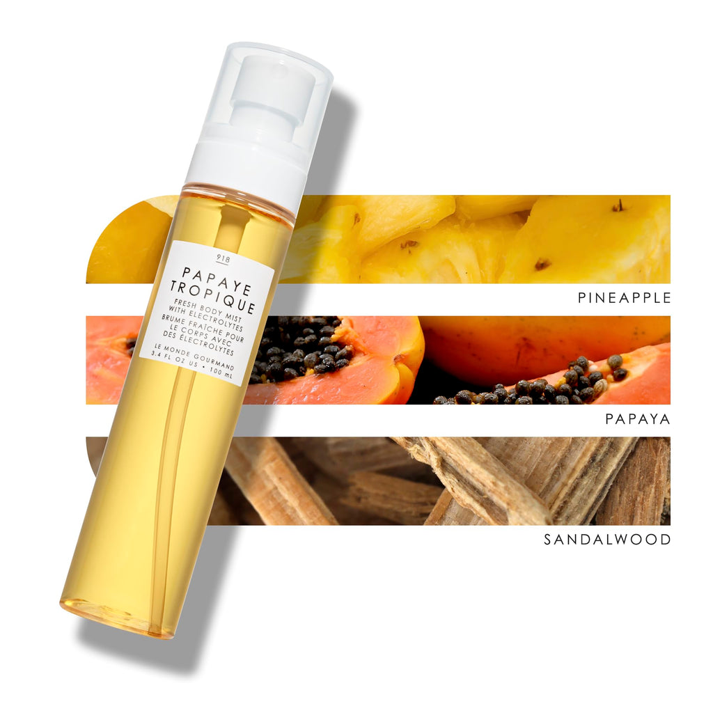 Le Monde Gourmand Papaye Tropique Fresh Mist for Women, Hydrating Body Spray with Electrolytes, Papaya Pineapple Mandarin Scent, Vegan & Cruelty Free, 3.4 fl oz (100 ml)