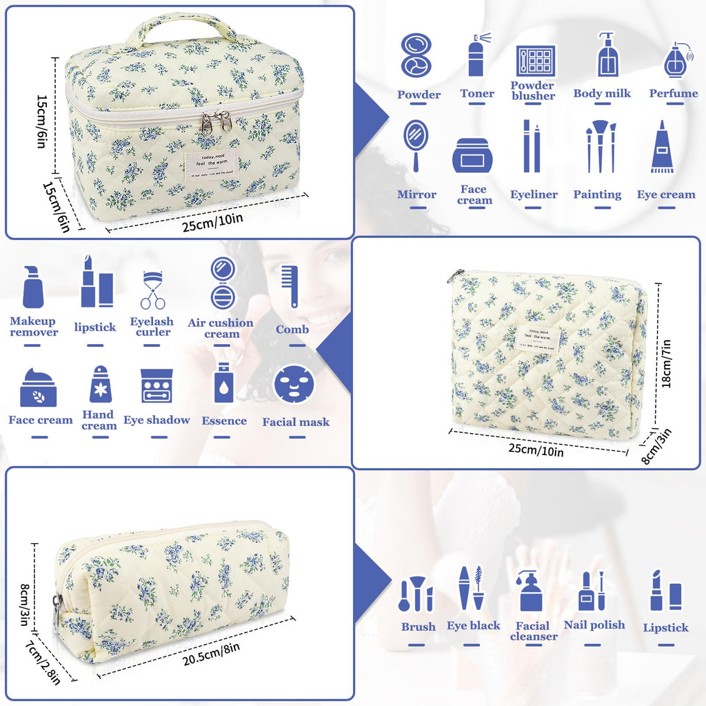 Gosect Makeup Bag Set, Quilted Makeup Bag, Large Floral Cosmetic Bag for Women, Cute Cotton Makeup Bags, Flower Travel Toiletry Organizer Bag (Blue Floer)