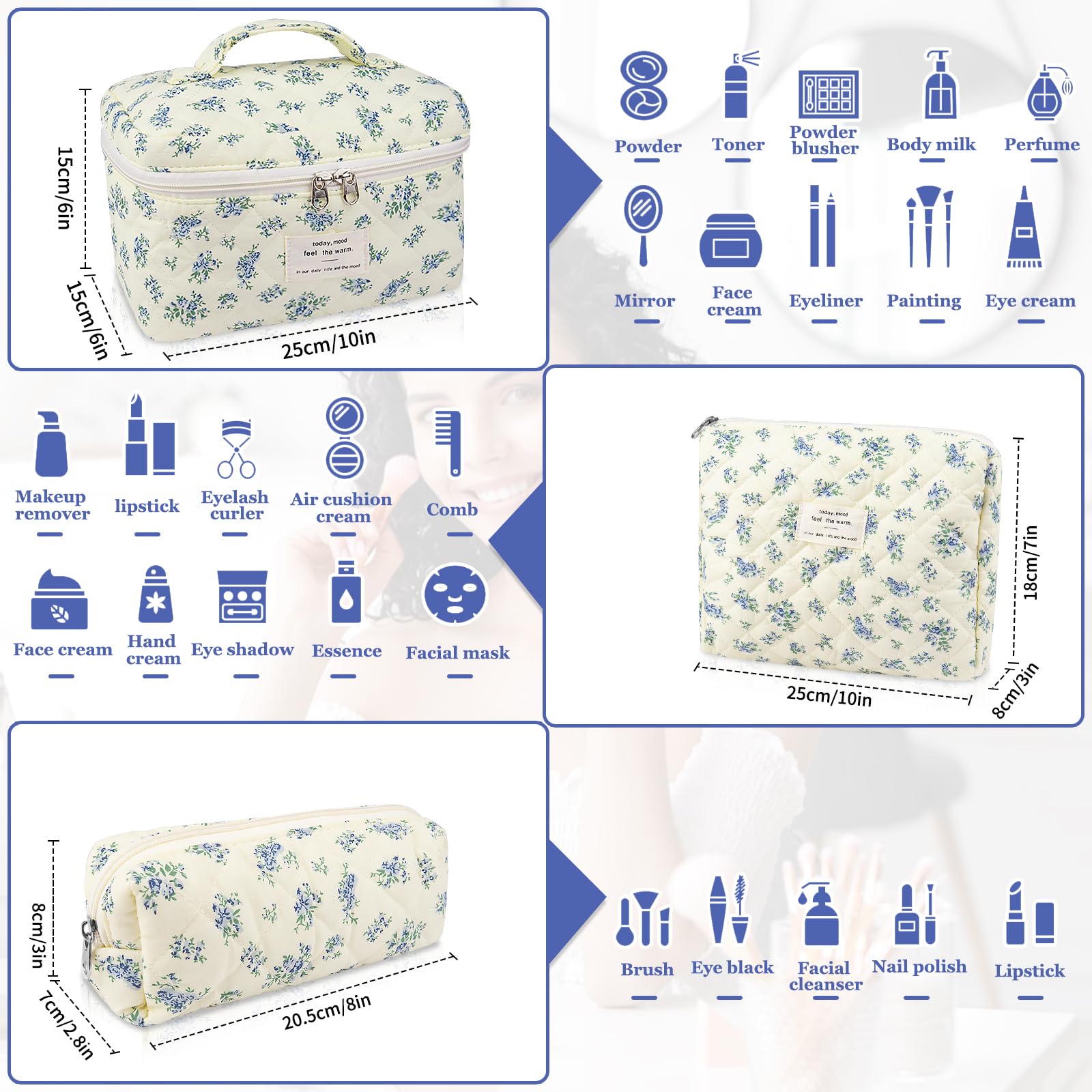 Gosect Makeup Bag Set, Quilted Makeup Bag, Large Floral Cosmetic Bag for Women, Cute Cotton Makeup Bags, Flower Travel Toiletry Organizer Bag (Blue Floer)
