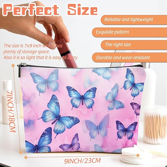 Scribesense Makeup Bag Travel Cosmetic Bags Small Makeup Case Waterproof Zipper Pouch for Women Girls 7X9inches - Blue And Purple Butterflies on A Pink Background