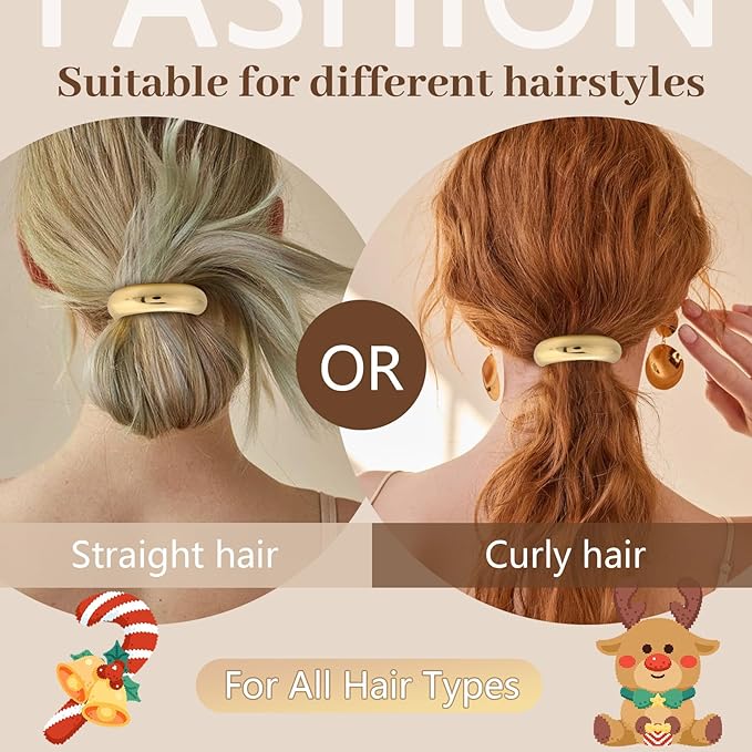 4PCS Gold Hair Ties, Metal Hair Ties for Thick Hair, Elegant Durable Round Geometric Design Hair Cuffs, Gold Hair Accessories Stretchy Non-Damage Ponytail Holders