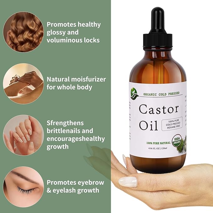 MAYLINK Castor Oil Organic Cold Pressed Unrefined Glass Bottle-Organic Certified 100% Pure Hexane Free,Organic Castor Oil for Face,Hair Growth,Eyelashes,Caster 4.23fl.oz/120ml