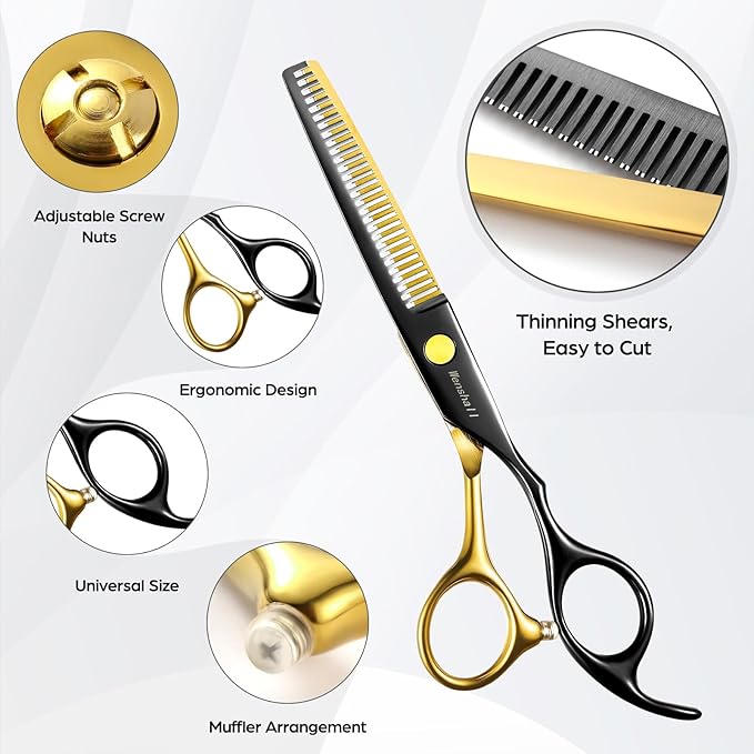 Wenshall Professional Black Gold Hair Scissors 6.89" Teeth Japanese Stainless Steel Multifunctional Salon Thinning Scissors Straight Shears Tools for Men Women Home Salon Barber