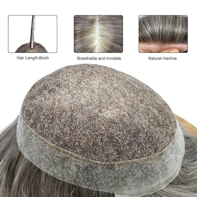 F M FACE MIRACLE NEW YORK Mens Toupee Human Hair Piece French Lace Toupee for Man Hair System Indian Human Hair Replacement Systems V-Looped PU Front Hairpieces 6"X9" #450 Medium Brown with 50% Gray