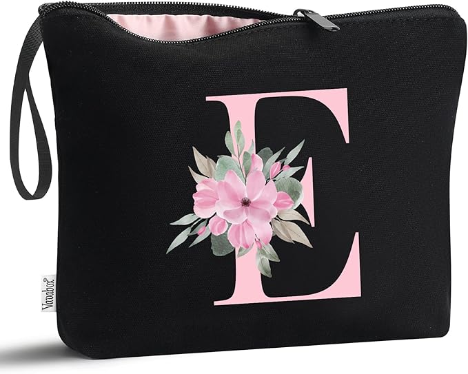 Vavabox A-Z Personalized Makeup Bag, Birthday Gifts for Women Mom, Gifts for Best Friend, Bride Bridesmaid Cosmetic bag (E, 02-Black)