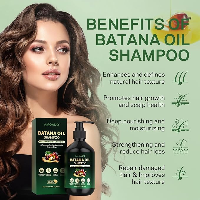 Batana Oil Shampoo for Hair Growth, Strengthening, Thickening, Sulfate Free Hair Shampoo for Women & Men with Thinning Hair & Hair Loss, Infused Rosemary, Tea Tree Oil & Mint, 10.15 fl.oz