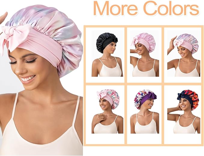 GDTOGRT Satin Silk Bonnet for Sleeping Women, Double Layer Sleep Hair Bonnets Caps for Curly Natural Hair with Tie Band - Aura