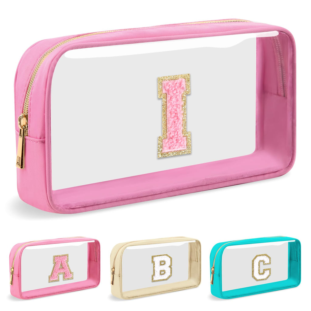 Personalized Initial Letter Clear Makeup Bag,Preppy Small Nylon&PVC Cosmetic Zipper Bag with Chenille Letter,Portable Beach Travel Skincare Toiletry Bag,Trendy Monogram Gift for Teen Girls Women,I