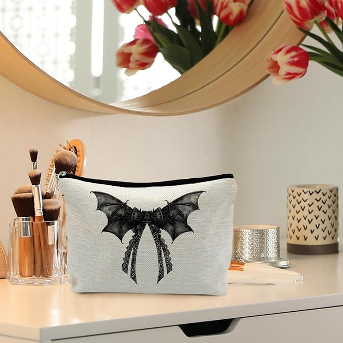 RYYCDOI Halloween Coquette Lace Bow Bat Cosmetic Bag - Gothic Black, Girly Makeup Pouch