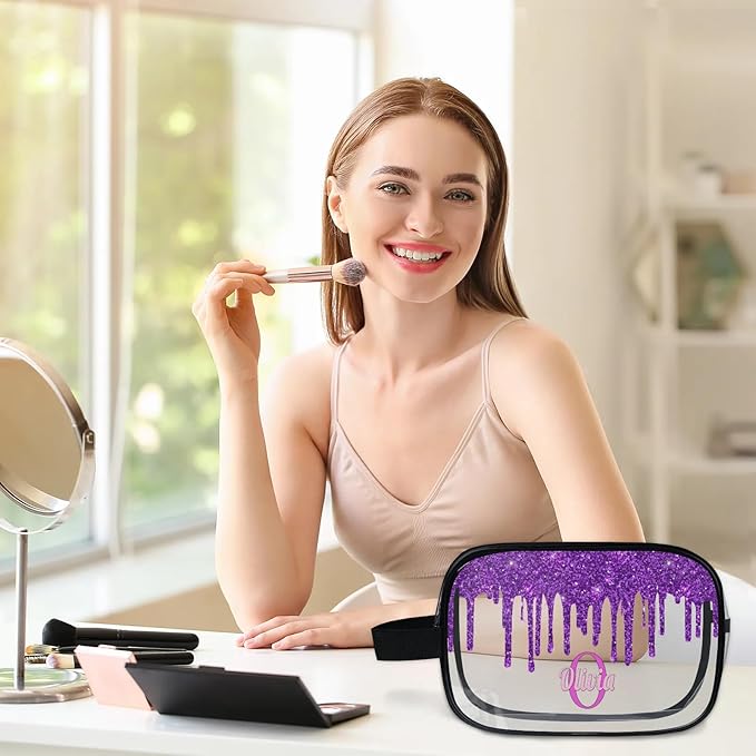 KFNHN Personalized Transparent Makeup Bag with Name, Travel Clear Cosmetic Bag for Women, Friends, Mother's Day, Bridesmaid, Bride, Wedding, Graduation, Deep Purple Sequins Fluid Shape
