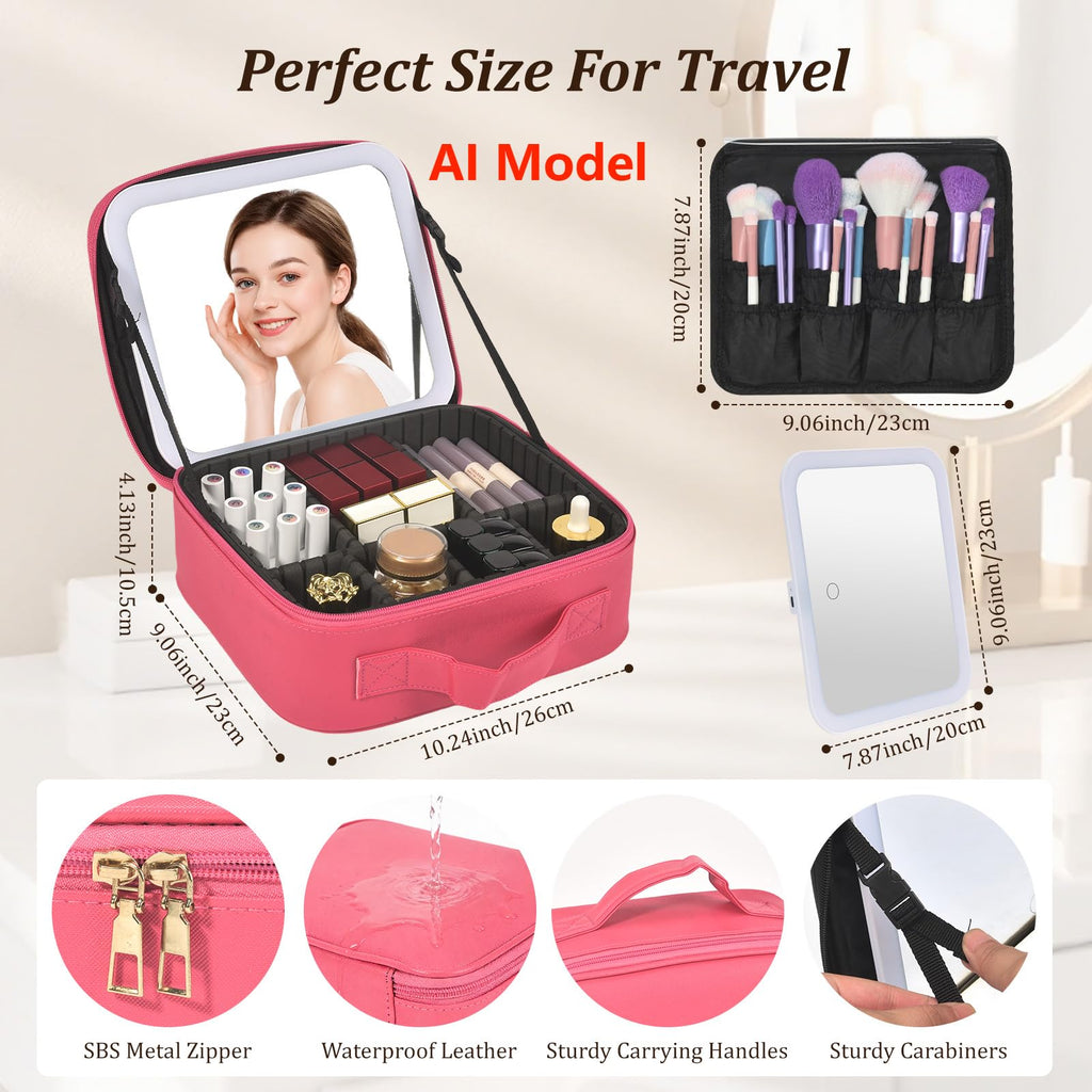 Yaliang Travel Makeup Bag, Portable Makeup Case with LED Mirror, Removable Mirror with 3 Color Modes, 8 Adjustable EVA Dividers for Brushes Toiletry Jewelry Digital Accessories, Barbie Pink