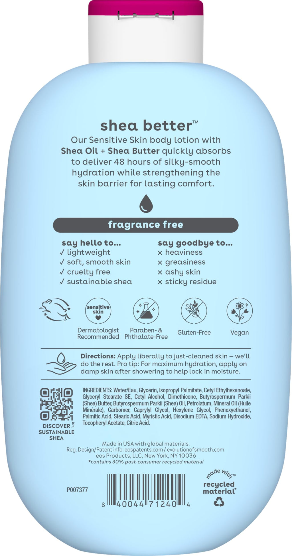 eos Shea Better Sensitive Skin Body Lotion- Fragrance Free, 48HR Moisture, 16 fl oz