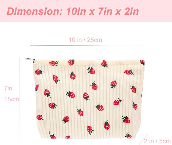 Flat Makeup Bag for Women,Zipper Cosmetic Pouch for Purse,Strawberry Beige