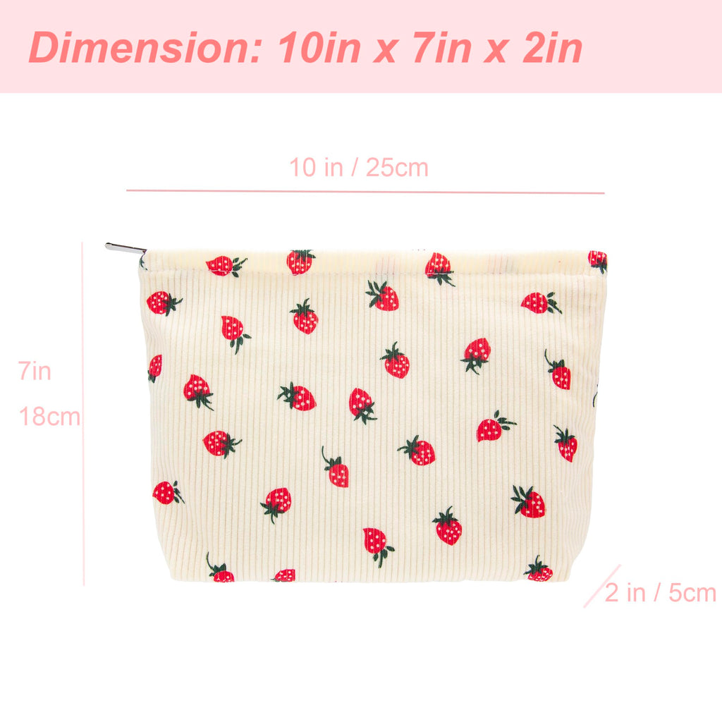 Flat Makeup Bag for Women,Zipper Cosmetic Pouch for Purse,Strawberry Beige