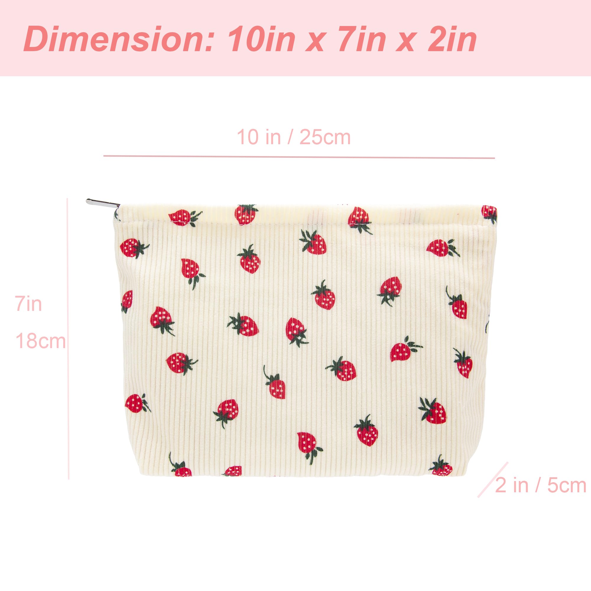 Flat Makeup Bag for Women,Zipper Cosmetic Pouch for Purse,Strawberry Beige