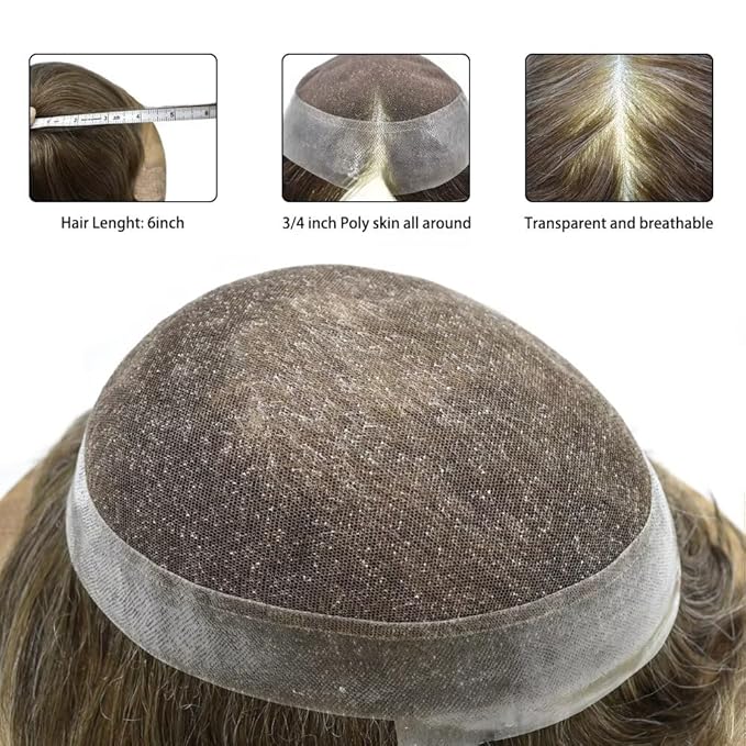 F M FACE MIRACLE NEW YORK Mens Toupee Human Hair Piece French Lace Toupee for Man Hair System Indian Human Hair Replacement Systems V-Looped PU Front Hairpieces 7"X9" #630 Light Brown with 30% Gray