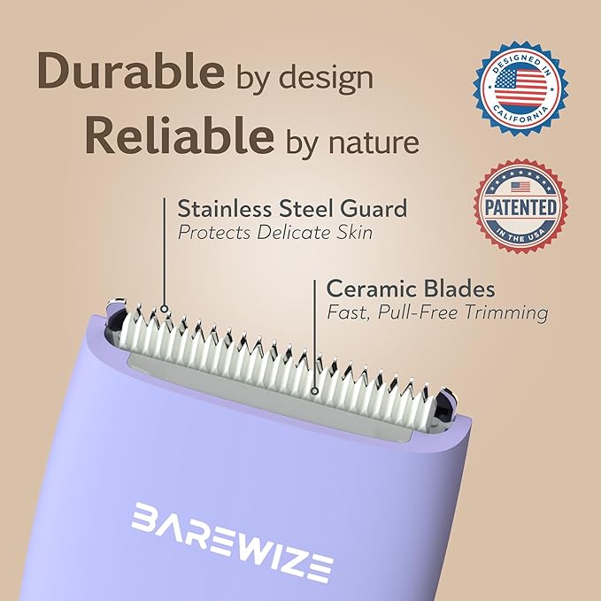 BAREWIZE Bikini Trimmer for Women, Pubic Hair Trimmer, Waterproof, USB-C Rechargeable, LED Light, Replaceable Blade, Electric Razors for Women, Electric Lady Shaver (Amethyst Purple)