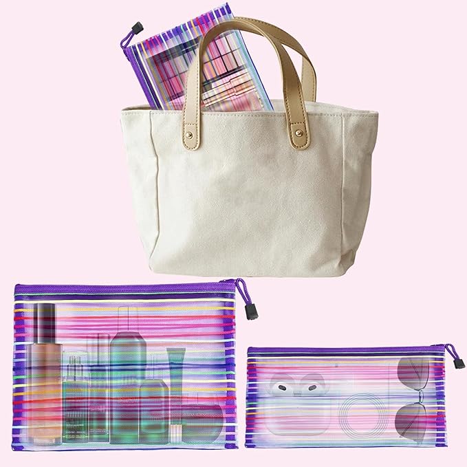 CarryEpic Mesh Bags with Zipper (6 Pack), Nylon Makeup Bag Cosmetic Pouches Travel Organizer Case for Purse Diaper Bag Home Organizing Striped Multi Size Purple