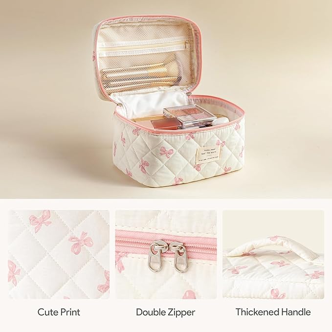 HBselect Quilted Makeup Bag, 3Pcs Cotton Large Travel Makeup Bags Organizer