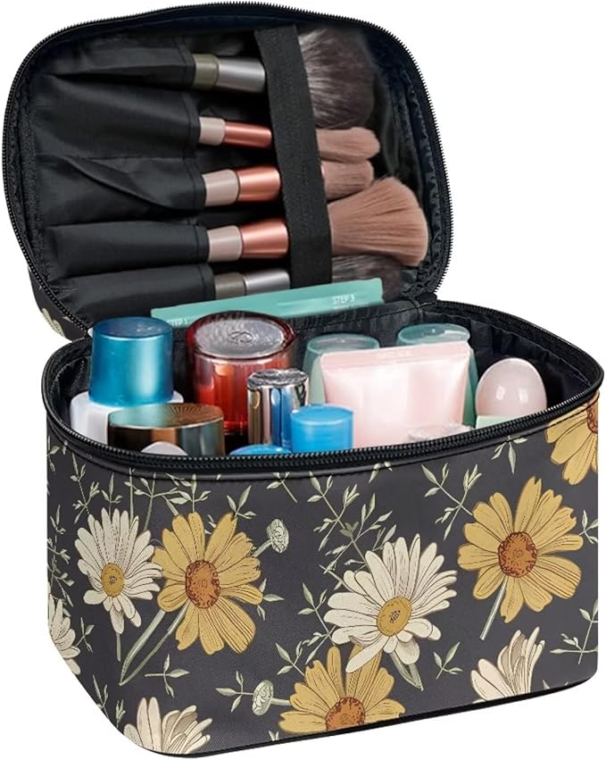 Drydeepin Cottagecore forest Daisy Flower Pattern Travel Makeup Bag for Women,Multifuntional Makeup Organizer,Large Capacity Cosmetic Bag,Toiletry Bag for Women with Zipper and Portable Handle