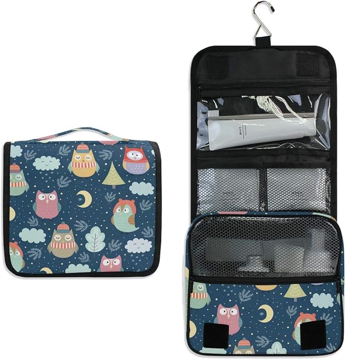 senya Hanging Travel Toiletry Bag Kit Makeup Case Cosmetics Organizer for Men Women (Owl Moon Cloud Night)