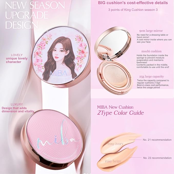 MIBA Ion Calcium Foundation Double Cushion Glow 25 g / 0.88 oz Big Cushion SEASON 3. Long Lasting Cover Effect. Moisture glow. Skin tightening relief. Smooth adhesion. (Luxury #23 Rosy Beige)