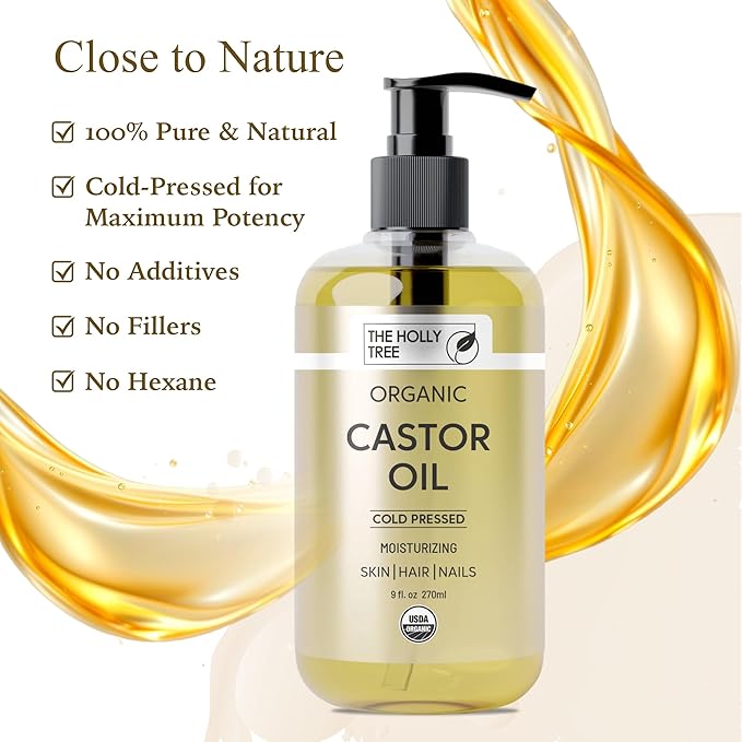 THE HOLLY TREE Organic Castor Oil - Cold Pressed 9 fl oz - 100% Pure & Hexane Free - Castor Oil for Hair Growth - Moisturizing & Nourishing - for Face & Body