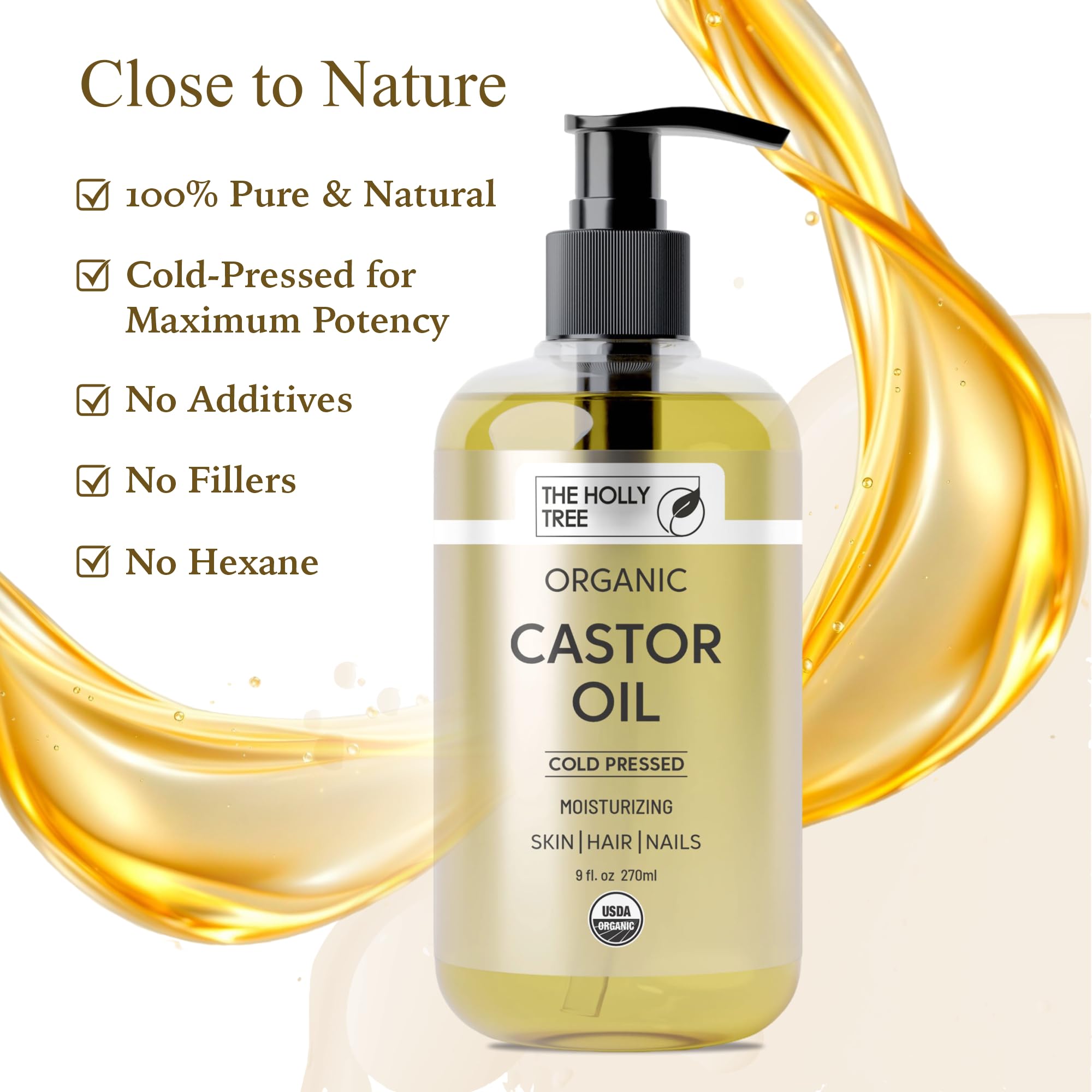 THE HOLLY TREE Organic Castor Oil - Cold Pressed 9 fl oz - 100% Pure & Hexane Free - Castor Oil for Hair Growth - Moisturizing & Nourishing - for Face & Body