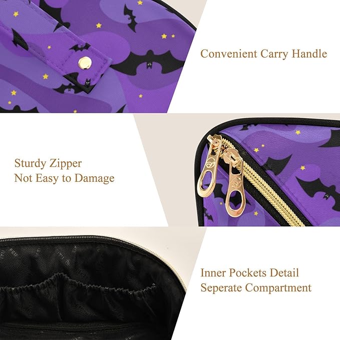 MNSRUU Makeup Organizer Bag, Halloween Black Bats Night Sky with Stars Travel Makeup Bags Makeup Vanity Case Large Capacity Rhombus Cosmetic Toiletry Bag for Girl Women Ladies