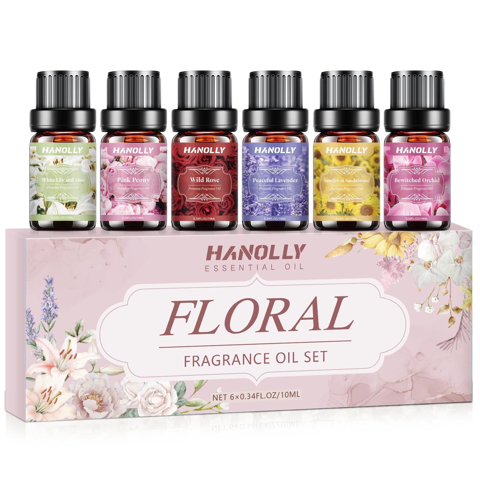 Floral Essential Oils Set - 6 Premium Fragrance Oil for Diffusers, Candle Making, Humidifier - Pink Peony, Wild Rose, Lavender, Sunflower Sandalwood, Bewitched Orchid, White Lily Aromatherapy Oil