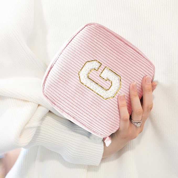 Cute Monogram Personalized Initial Makeup Bags - Cosmetic Pouch Monogram Pink Make Up Case Her Best Friend Friendship Sister Teacher, Birthday Gifts for Women (Letter G, Pink)