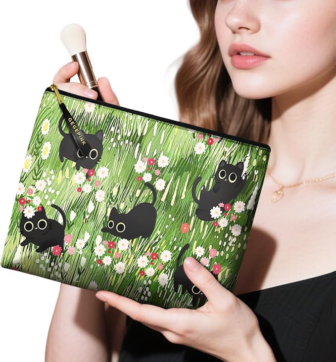 GEGEPINK Cute Makeup Bag for Purse Waterproof Cosmetic Bags for Women Funny Smooth Zipper Travel Toiletry Pouch 10X8 Inches-Black Cat Floral Makeup pouch